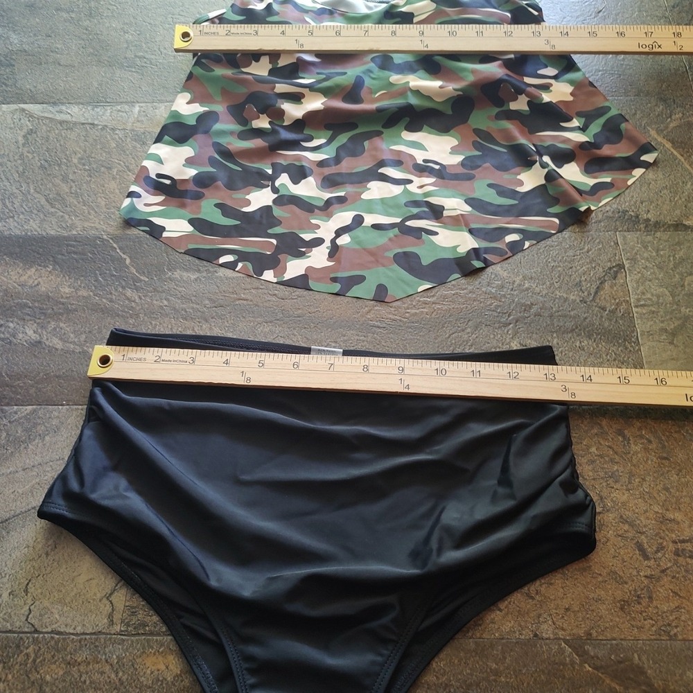 Unbranded Tankini Set Womens S Camo Black Excellent Handkerchief Hem High Waist‎